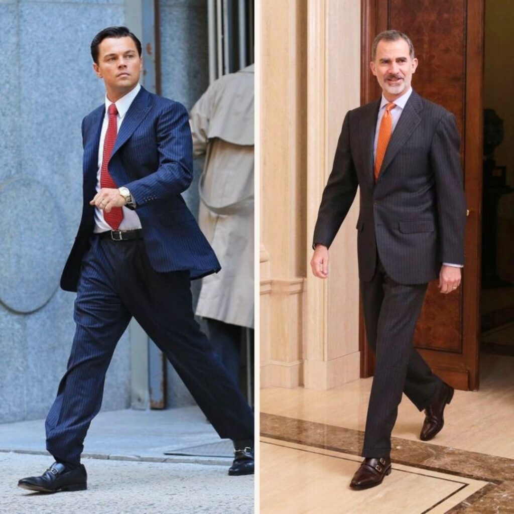 Pour illustrer la différence entre un costume prêt-à porter un costume sur-mesure. A gauche Leonardo DiCaprio sur le tournage de Wolf of Wall Street et à droite le Roi d'Espagne.